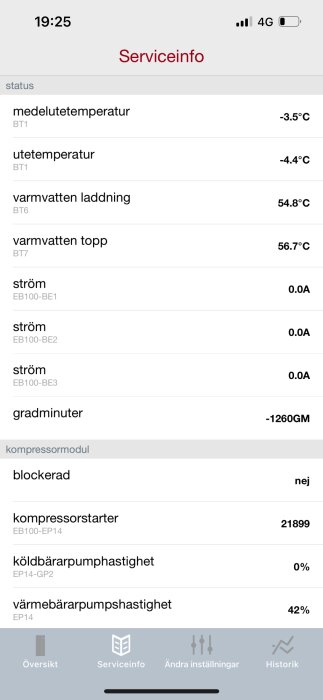 Skärmdump av serviceinformation, temperatur avläsningar och enhetsstatus på svenska, troligen för en värmepump.