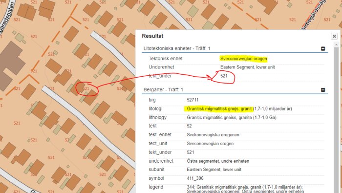 Kartvy med kodmarkerad region, förknippad informationsruta som visar geologiska data och Sveconorwegian orogen.