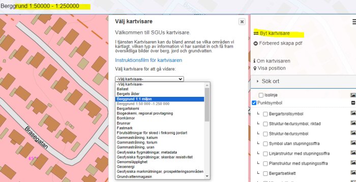 Skärmklipp av en geologisk karttjänst med meny för kartval och gatukarta.