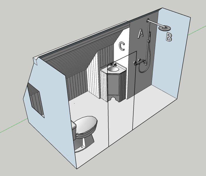 3D-modell av ett badrum, inkluderar toalett, handfat, och dusch, grått och vitt färgschema.