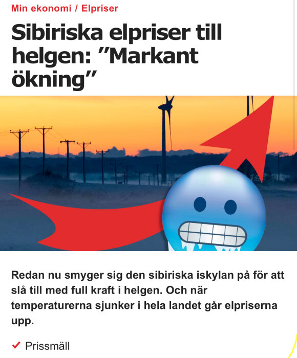 Röd pil uppåt, ledsen emoji, solnedgång, vindkraftverk, text om elpriser.