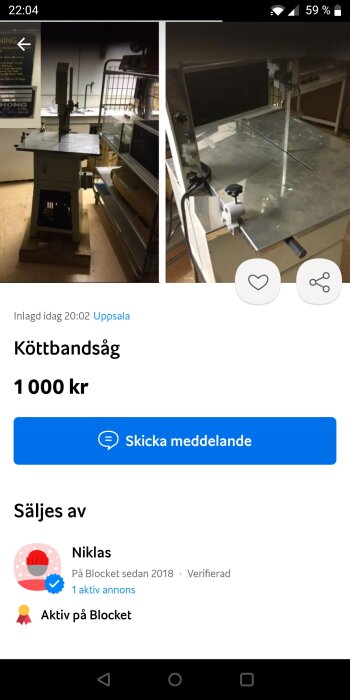 Begagnad köttbandsåg till salu på Blocket för 1000 kronor, inlagd i Uppsala.