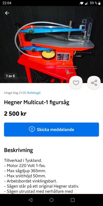 Hegner Multicut-1 figursåg till salu, röd och blå, Tysklandstillverkad, pris 2500 kronor, arbetsbord vinklingsbart.