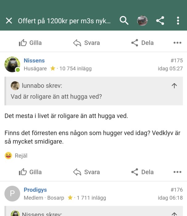 Skärmdump av forumtråd där användare diskuterar vedhuggning; profilbilder, text, reaktioner synliga.