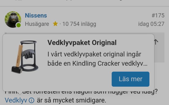 Annonsskärmbild för vedklyvpaket, Kindling Cracker, text och användarprofil med gorilla-bild.