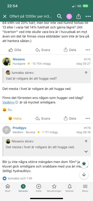 Skärmdump av diskussionsforum om hugga ved och vedklyv användning.