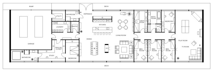 Arkitektonisk ritning av ett hus med garage, flera sovrum, vardagsrum och andra utrymmen.