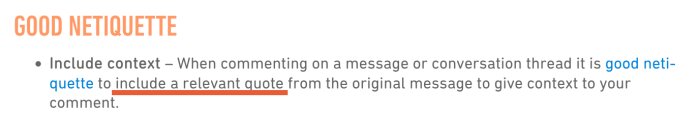 Skärmdump om nätetikett: inkludera relevant citat för kontext i kommentarer.