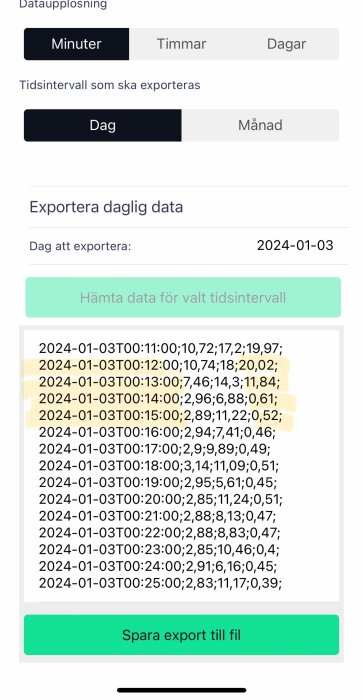 Skärmdump av gränssnitt för datexport: tidsintervall, datumval, resultatlista, "Spara export till fil"-knapp.
