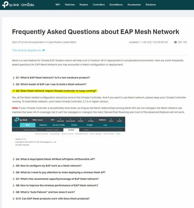 En skärmdump av en FAQ-sektion om EAP Mesh Network från TP-Links supportwebbplats.
