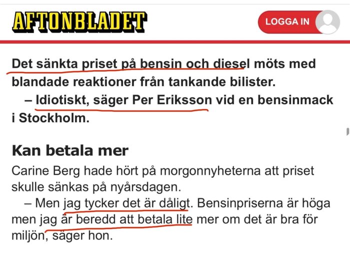 Skärmklipp från Aftonbladet, reaktioner på sänkta priser för bensin och diesel.