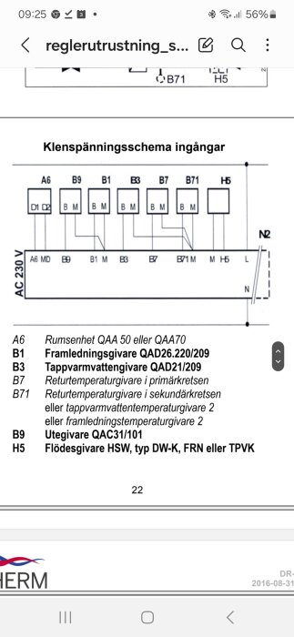 Elektriskt schema, anslutningar sensorer och komponenter, beskrivande text på svenska, teknisk dokumentation, svartvitt diagram.