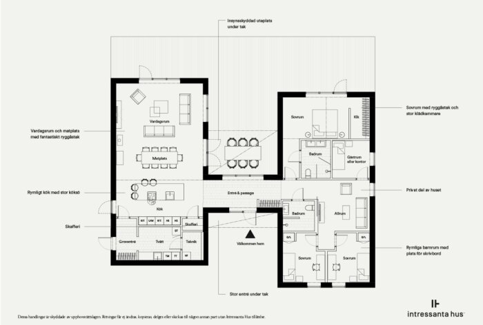 Svartvit ritning av enplanshus med textbeskrivningar, vardagsrum, kök, sovrum, badrum, terrass och teknikutrymmen.