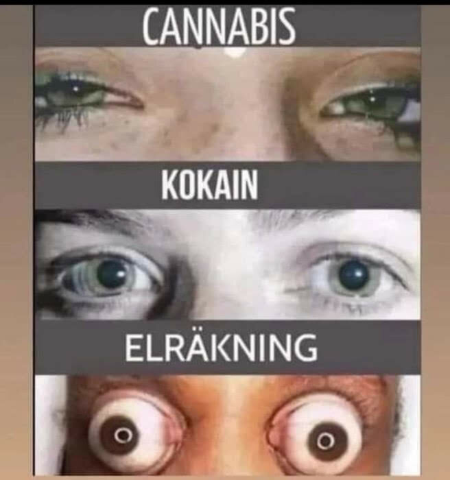 Meme som visar ögon uttryck för påverkan av cannabis, kokain, och chock från hög elräkning. Humoristiskt.