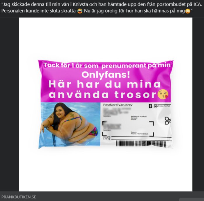 Skojfriskt kuvert imiterar Onlyfans-paket med bild av kvinna, text om använda trosor, genererar skratt hos postpersonal.