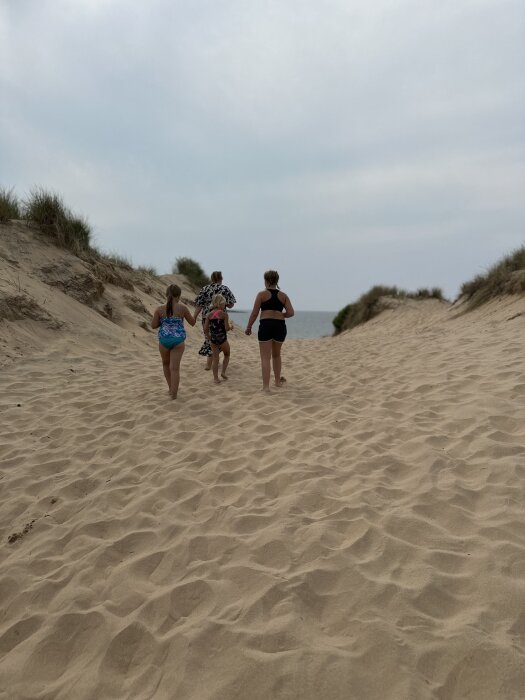 Tre personer vandrar upp för sanddyn på strand mot himmel.