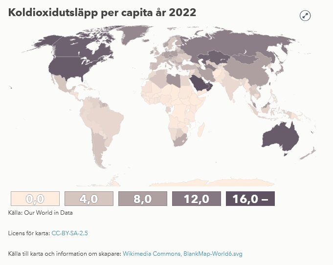 Världskarta som visar koldioxidutsläpp per capita 2022 med olika färgnyanser; källa Our World in Data.