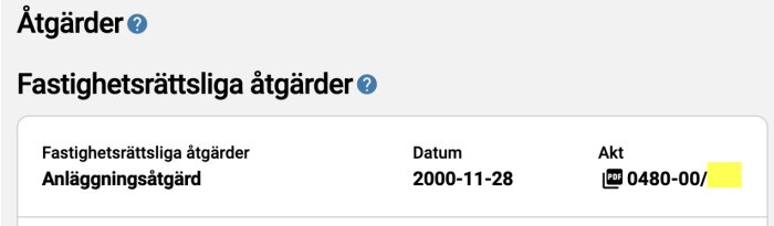 Skärmbild av databas med fastighetsrättslig åtgärd, datum och aktreferens, svensk kontext, PDF-ikon.
