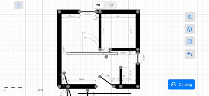 Ritning i 2D, inredningslayout, möblerad planlösning, måttangivelser, interiör design, verktygsgränssnitt.