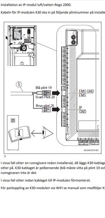 Installationsinstruktioner för IP-modul, kabelanslutning, plintar och anmärkningar om rumsgivare och förmonterat kablage.