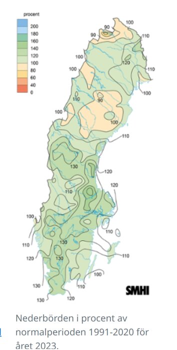 Karta över Sverige visar nederbörd i procent jämfört med normalperiod 1991-2020 för 2023.