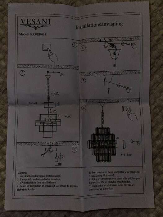 Installation manual for a VESANI light fixture, model KRV06051, with safety instructions and step-by-step diagrams.