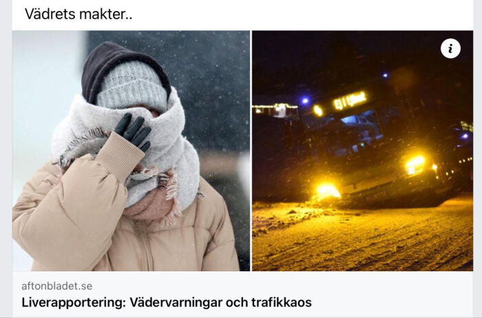 Vinterklädd person i snö, snöoväder, buss i snö med trafikproblem.