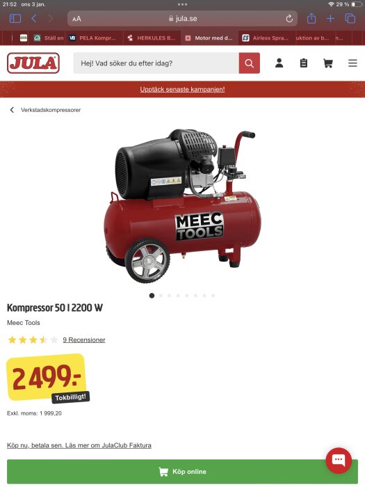 Röd verkstadskompressor från Meec Tools, 2200 W, prissatt till 2499 kronor, säljs online.