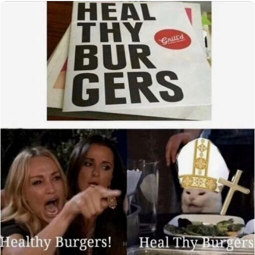 Meme med ordlek, "Healthy Burgers" mot "Heal Thy Burgers," reaktion från kvinnor, katt klädd som påve. Humoristiskt.