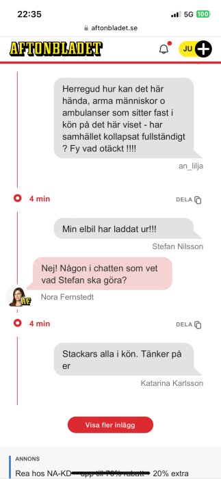 Skärmdump: kommentarsfält på Aftonbladet, diskussion om situation, elektrisk bil ur funktion, trafikproblem.