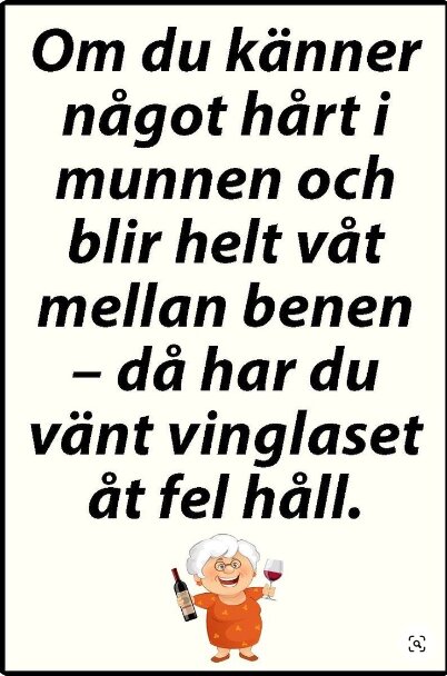 Humoristisk text med illustration, glas vin, äldre kvinna, skämt om vinhantering.