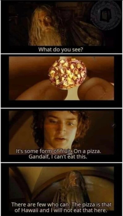 Filmkaraktärer diskuterar pizza med frukt; humorsamt ogillande av ananaspizza.