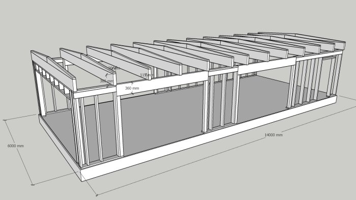 Ritning av en träramkonstruktion med måttmarkeringar, förmodligen en byggnadsdesign.