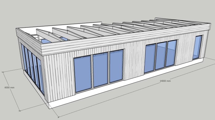 3D-modell av en modern byggnad med stora fönster, platt tak, och måttangivelser.