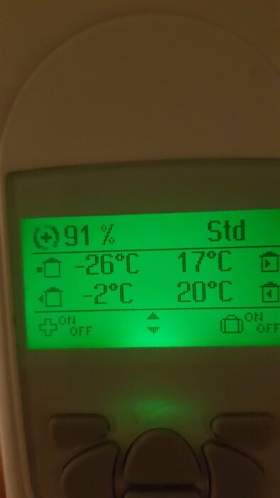 Digital termostat med temperaturinställningar och batteristatus. Inomhus- och utomhustemperatur visas.