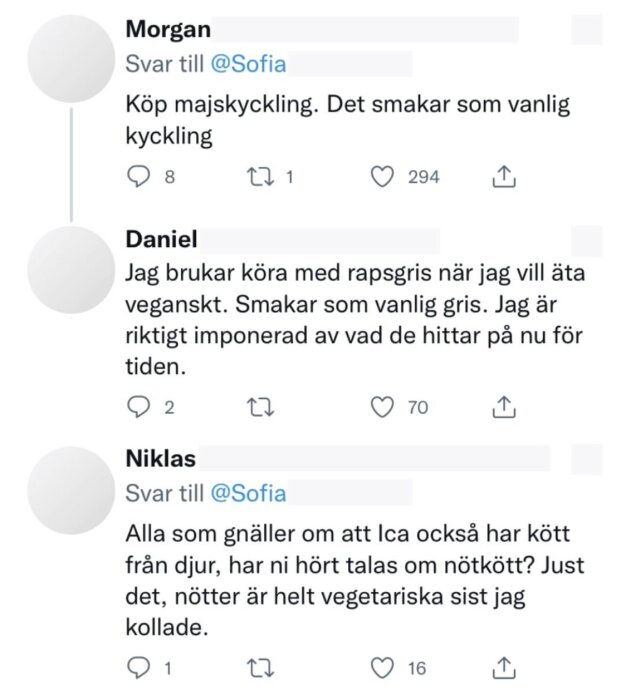 Skärmdump av Twitter-konversation där användare diskuterar växtbaserade alternativ som liknar kött.
