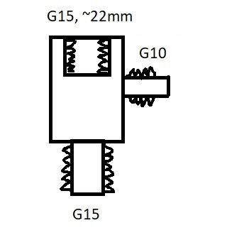 Teknisk ritning av mekanisk komponent med gängor märkta G15 och G10, och dimensionen cirka 22 millimeter specificerad.