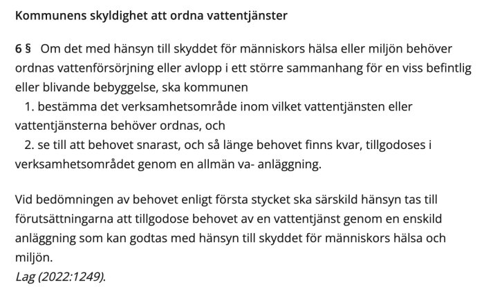 Svensk lagtext om kommuners ansvar för vattenförsörjning och avloppshantering med hänsyn till hälsa och miljö.