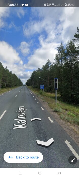 Skärmdump från mobil med väg, skog, vägskyltar, och navigationsappens knapp.