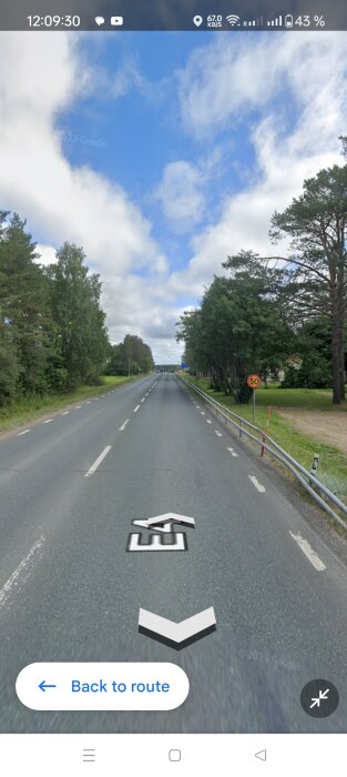 En skärmdump från en mobil visar Google Street View av en landsväg omringad av träd.