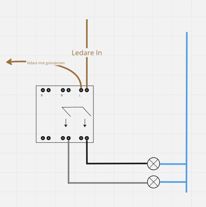 Elektrisk kopplingsschema för termostatstyrning av golvvärme med feedback-loop och av/på-knappar.