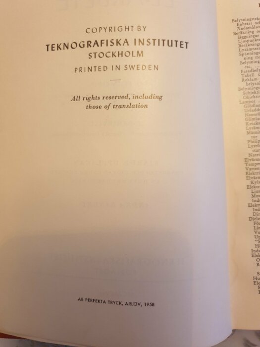 Upphovsrättssida i bok, Teknografiska Institutet Stockholm, tryckt i Sverige, 1958.