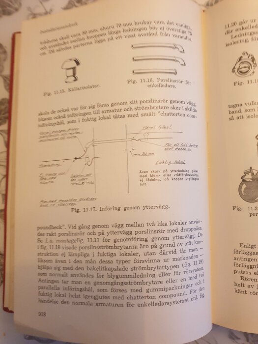 Teknisk handbok eller vetenskaplig text med illustrationer av elkomponenter och elektriska installationer, på svenska.