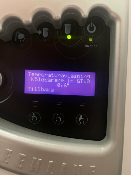 Digital display med meny, temperaturjustering, knappsymboler, "Kallare In GT10", grön lampa, ON/OFF-symbol.