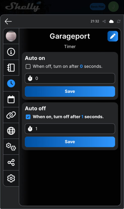 Mörkt tema i mobilapp för automatisering med timer för garageport; inställningar för automatisk på/av-funktion.