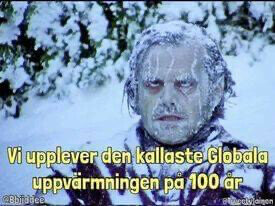 Meme med en frusen man, text ironiserar kall global uppvärmning, snöigt landskap i bakgrunden.