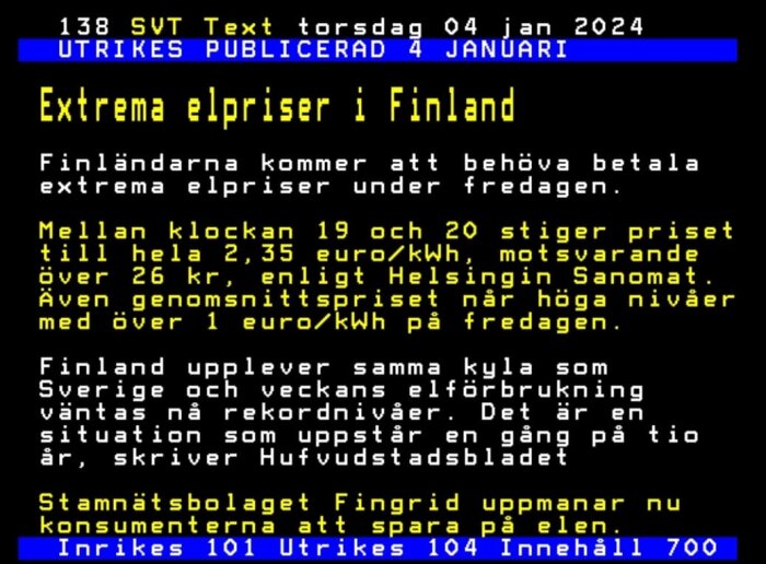 Text-TV-sida om höga elpriser i Finland med information om konsumentrekommendationer och jämförelser.