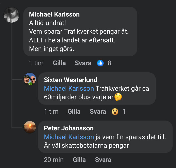 En skärmdump av sociala medier-konversation om Trafikverkets ekonomi och effektivitet.