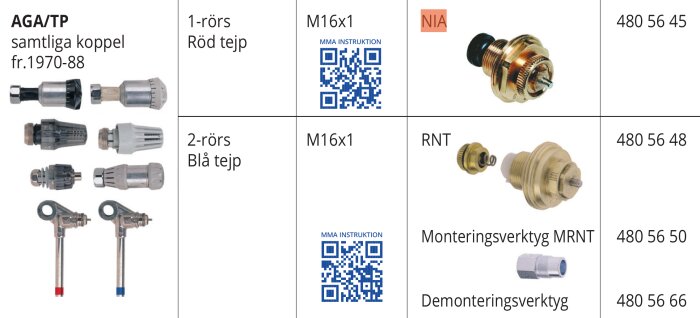 Katalogbild på gasutrustning, kopplingar, verktyg, QR-koder, artikelnummer, instruktioner för montering och demontering.