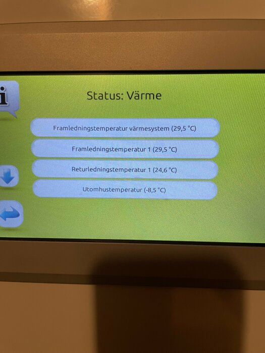 Digital termostat visar värmesystemstatus och olika temperaturer, inklusive utomhustemperatur på minus 8,5 grader Celsius.